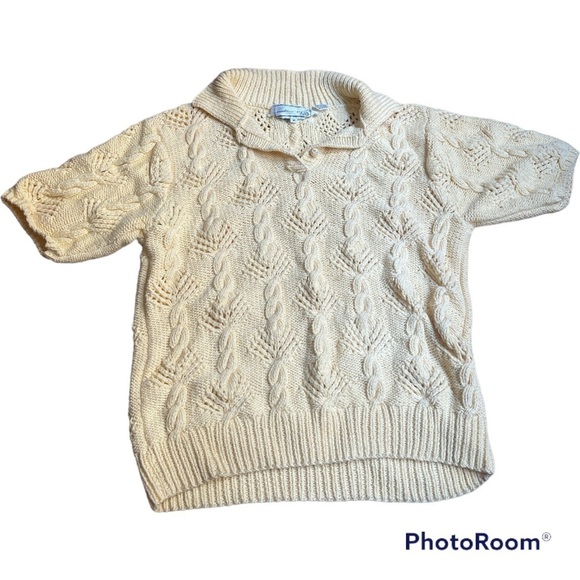 needleworks Sweaters - NEEDLEWORKS vintage yellow cable knit short sleeve polo sweater size medium